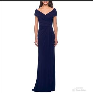 La Femme Navy Blue Short Sleeve Ruched Jersey Gown
